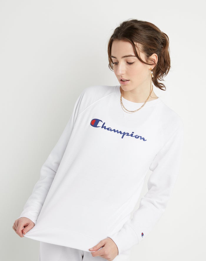 Champion Powerblend Fleece Classic Crew Script Logo - Naisten Valkoinen Collegepaita - Suomi 1690753